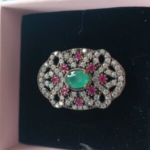 Real Pink & Emerald Tourmaline Gemstone 925 Sterling Silver Pave Diamond Ring 8